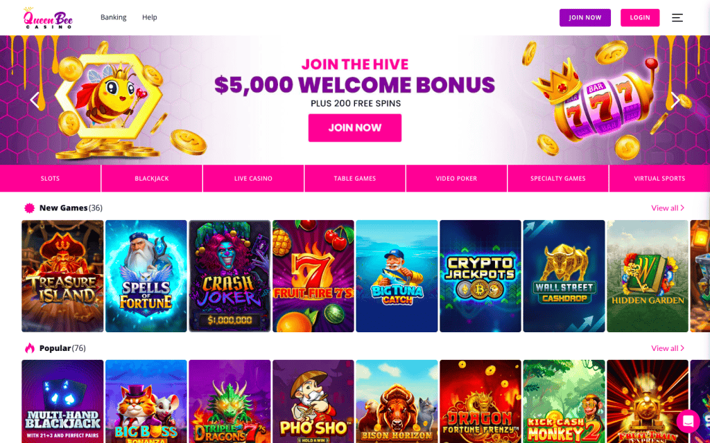 Queen Bee casino homepage