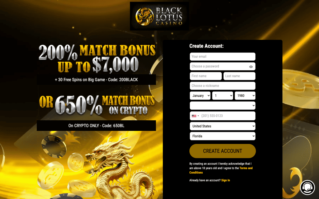 Black Lotus casino homepage
